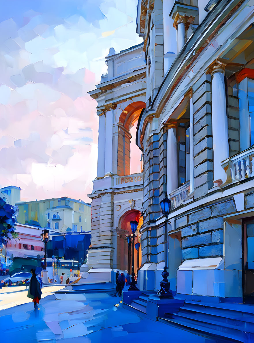 Digital painting of a bustling street corner with historical building and pedestrians under pastel sky
