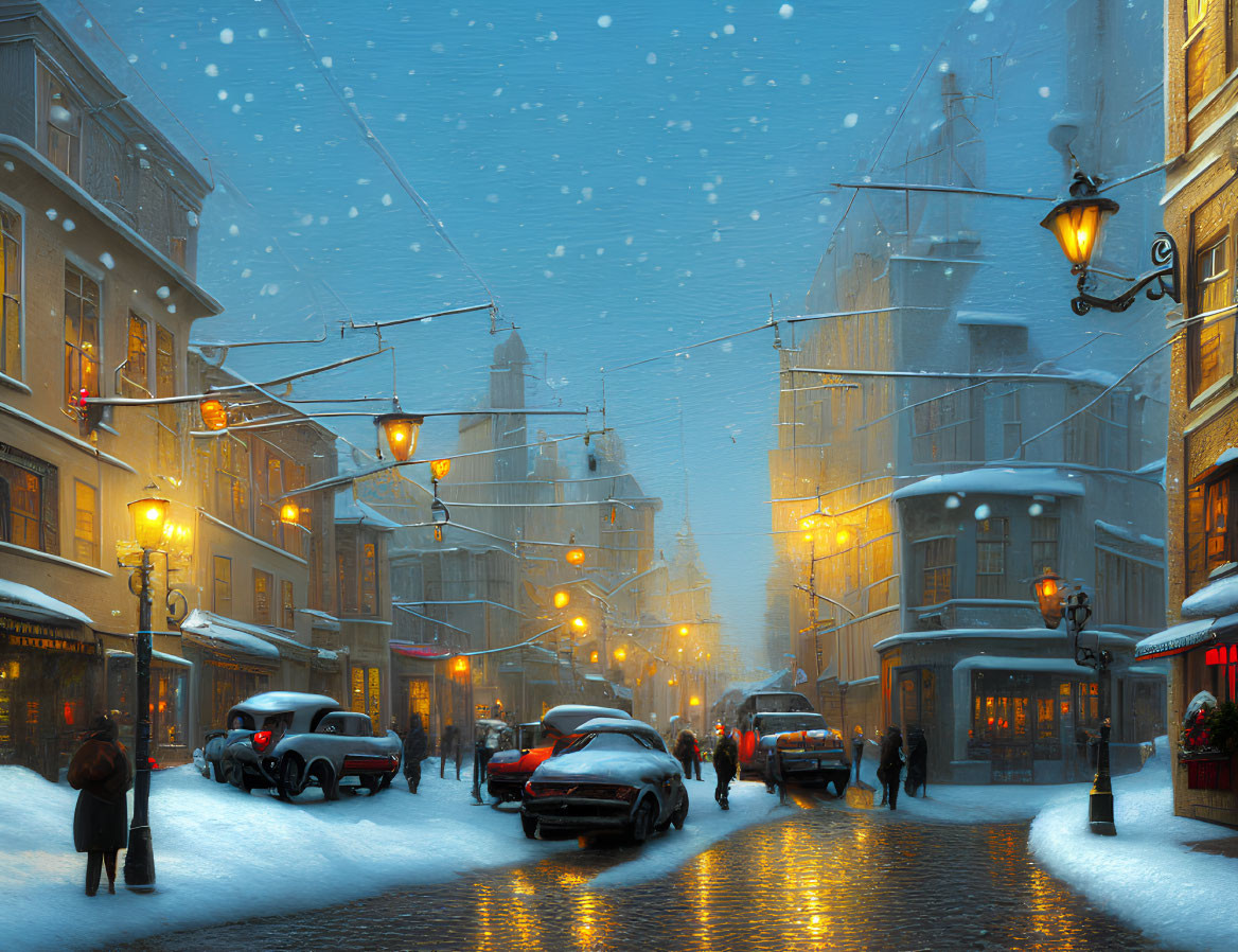 Serene city street covered in snow at twilight