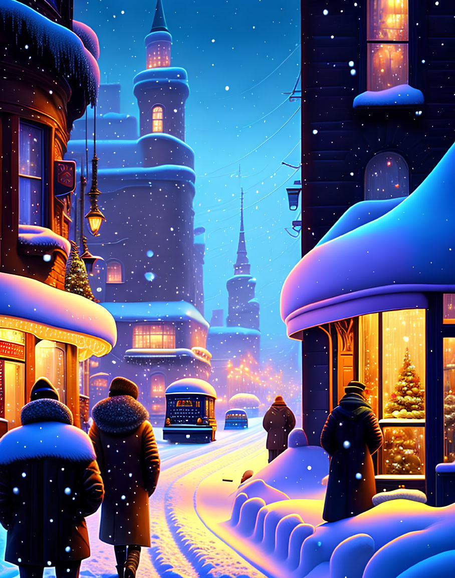 Snowy Night Street Scene: People Walking, Glowing Lamps, Christmas Tree, Blue Bus