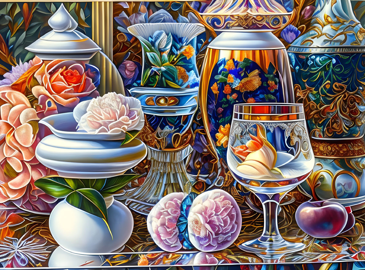 Colorful still life painting with vases, flowers, fruits, and glass on ornate backdrop