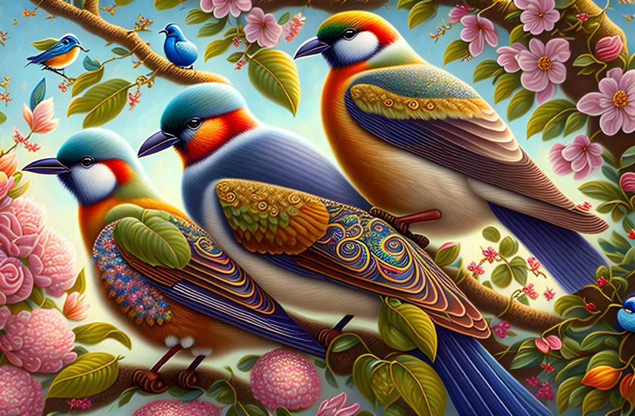 Colorful digital artwork of stylized birds among flowers and foliage