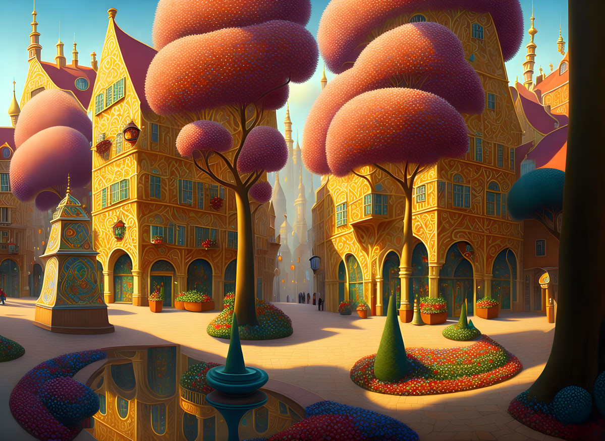 Colorful whimsical townscape with stylized trees and ornate buildings