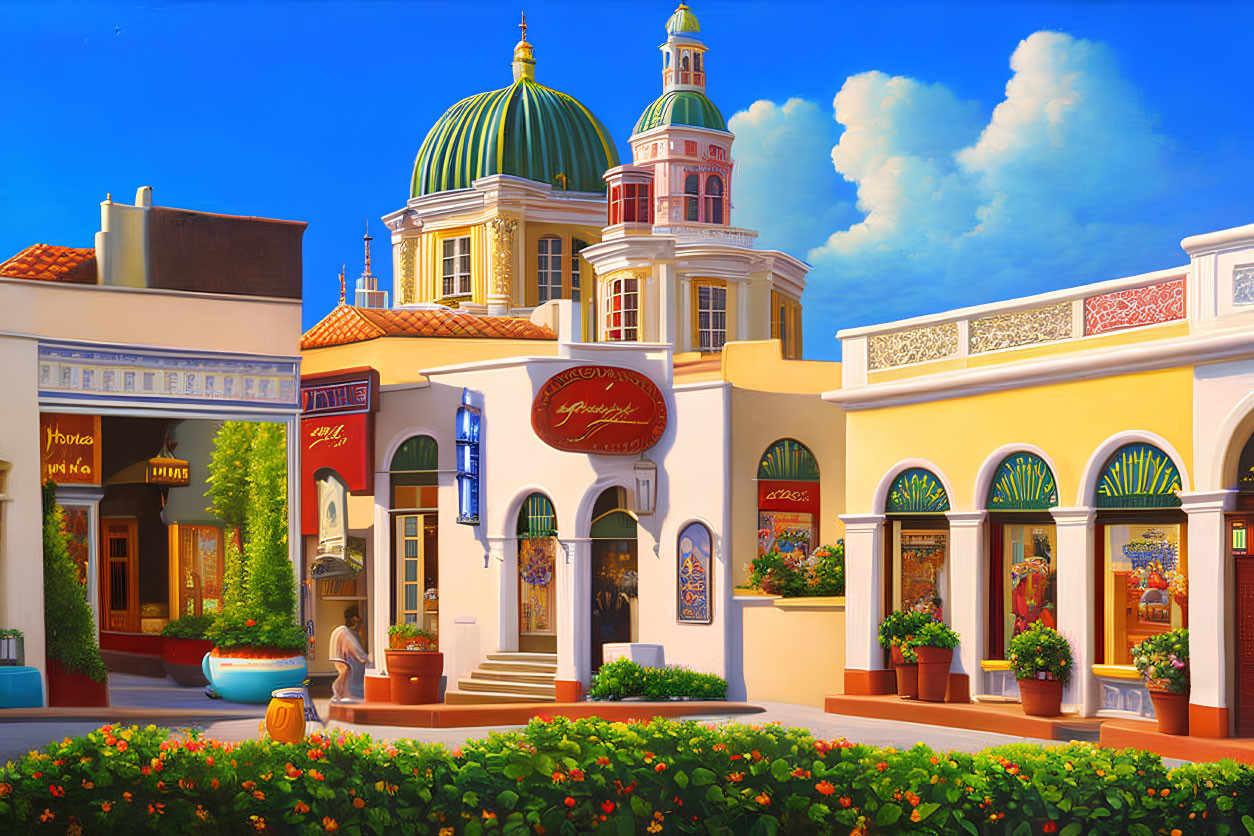 Vibrant street scene with domed building and quaint shops