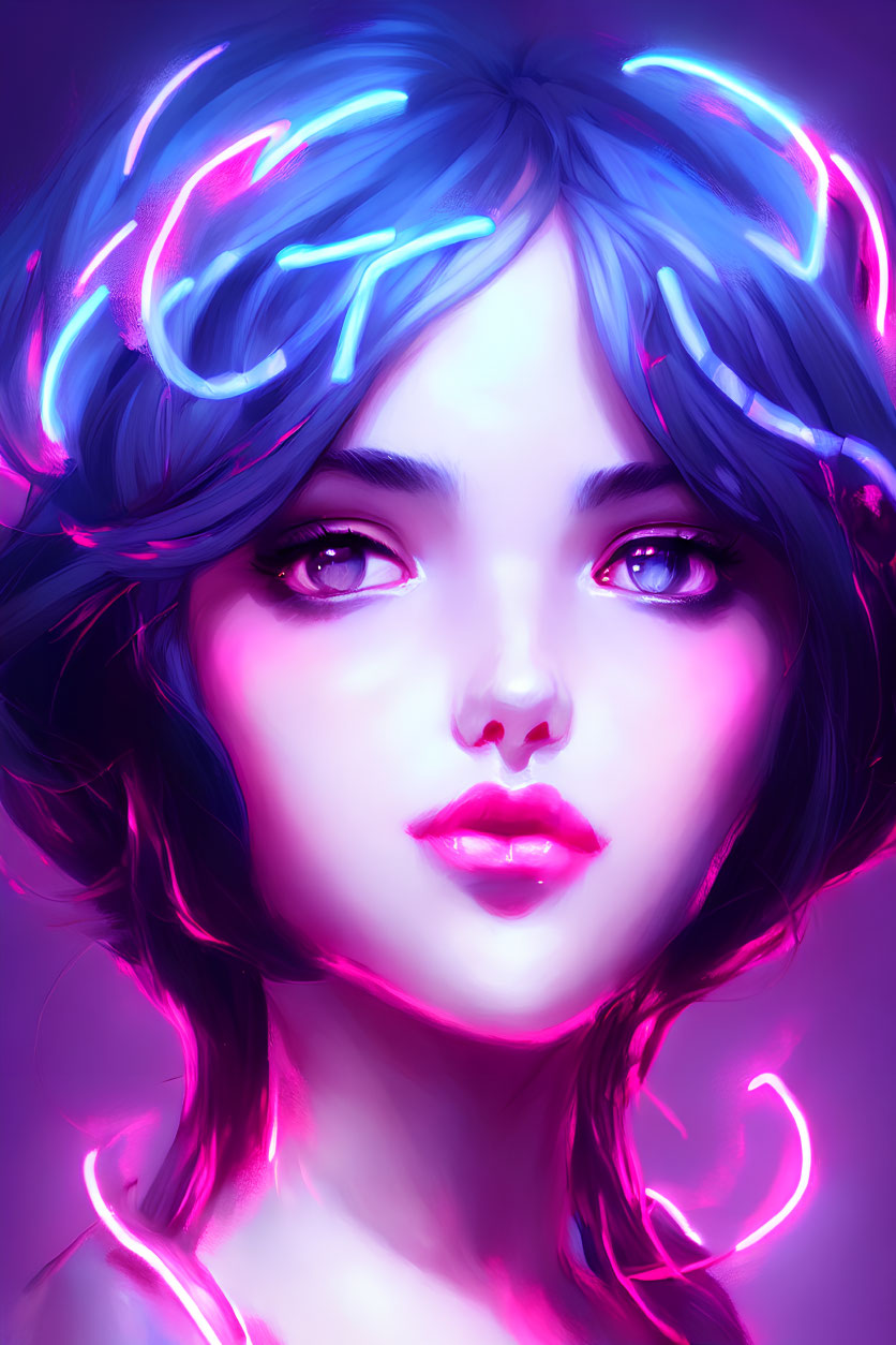 Colorful digital portrait of a young woman with blue hair and neon pink lights, showcasing expressive eyes and