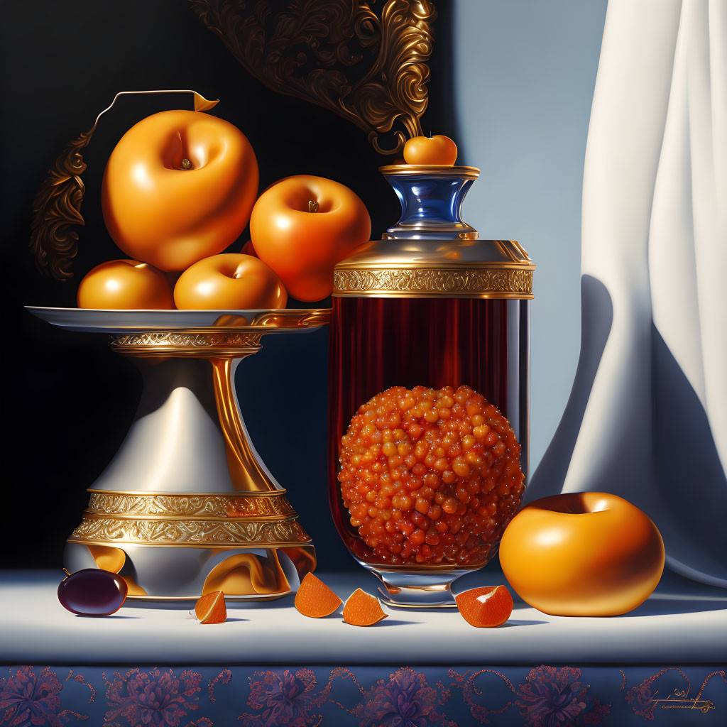 Classic Still Life Painting with Oranges, Silver Pedestal, Caviar, and Draped
