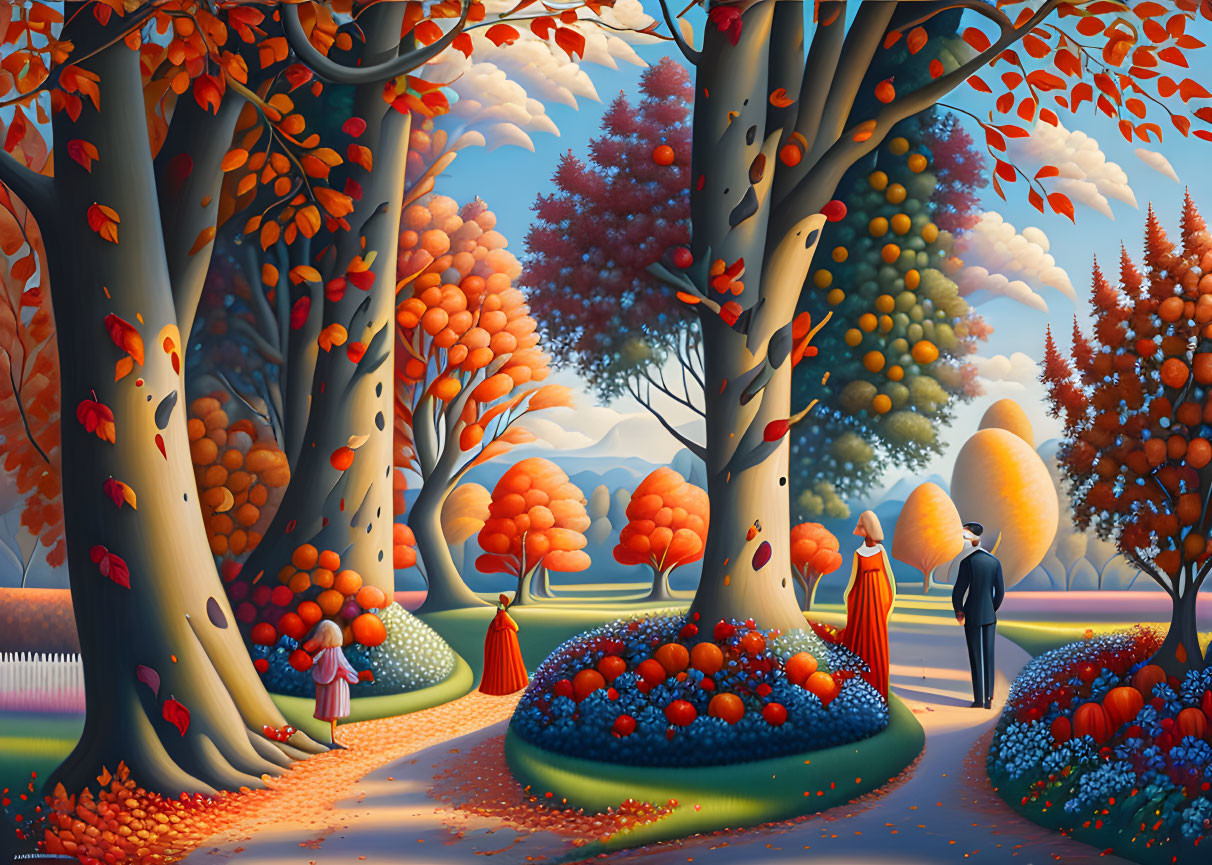 Colorful Autumn Landscape with Stylized Trees and Figures Walking