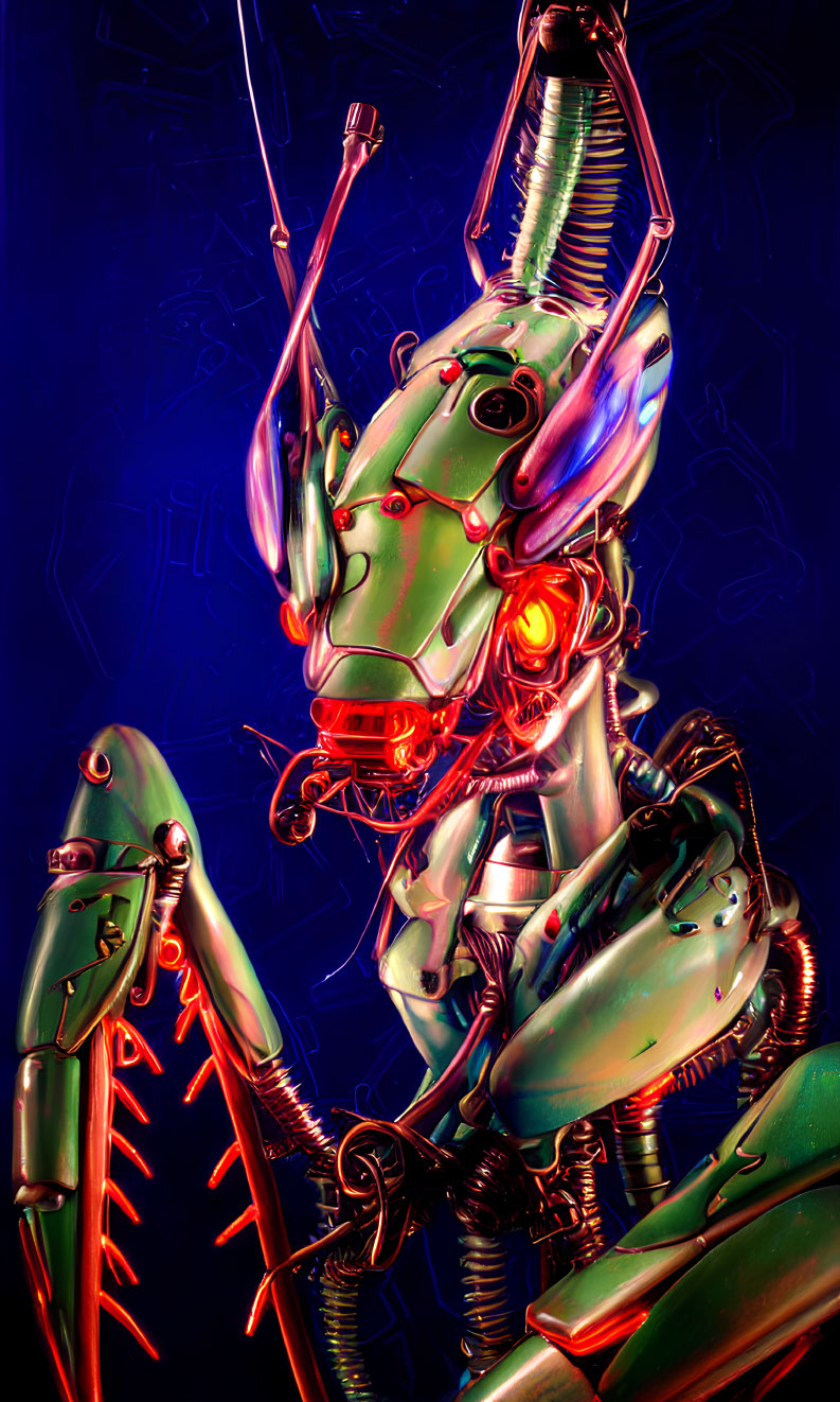Colorful Robotic Praying Mantis with Glowing Red Eyes on Dark Blue Background