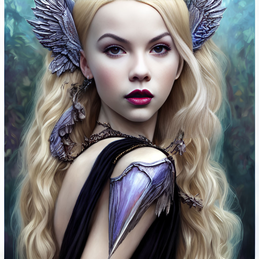 Portrait of woman with striking makeup and fantasy outfit in mystical forest