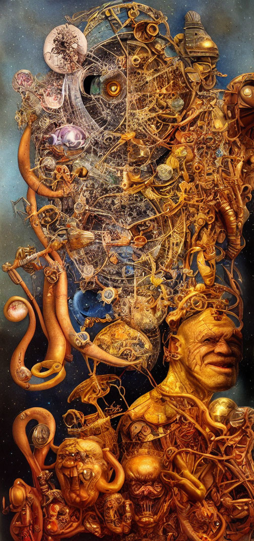 Vertical surreal artwork: intricate blend of organic and mechanical elements in golden hues against starry backdrop