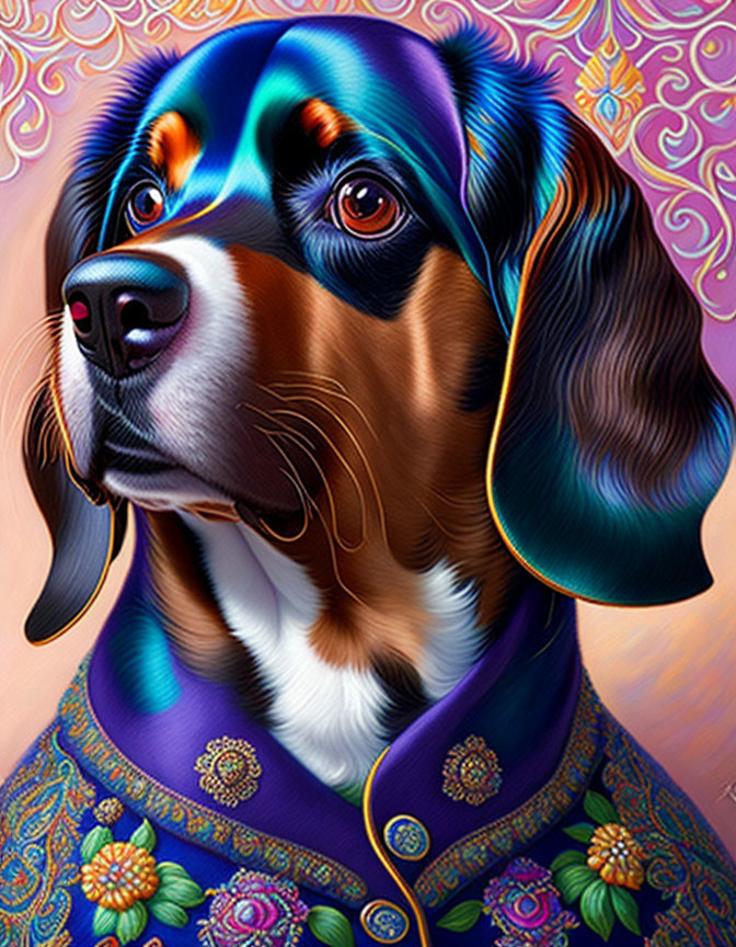 Colorful portrait of a dog in regal attire with soulful eyes on psychedelic background