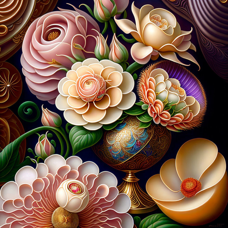 Vibrant pink, gold, and white flowers in a digital artwork with detailed textures