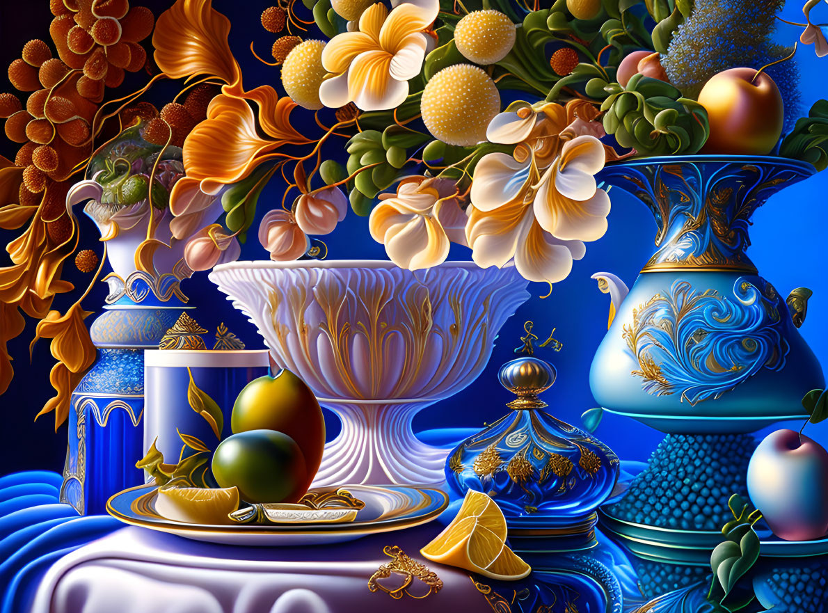 Colorful still-life with vases, fruit bowl, flowers on blue background