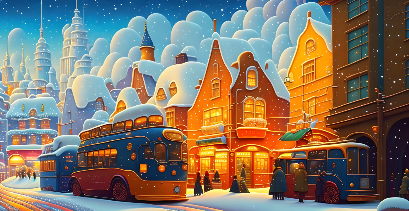 Vintage blue trolley bus in snowy town with warm lights and people