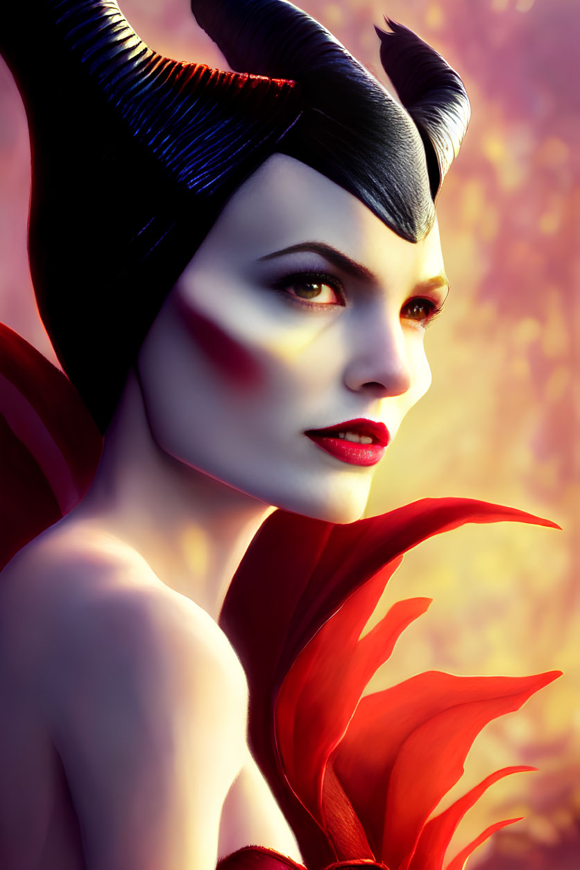 Digital artwork featuring female character with black and white horns and vibrant red collar on warm background