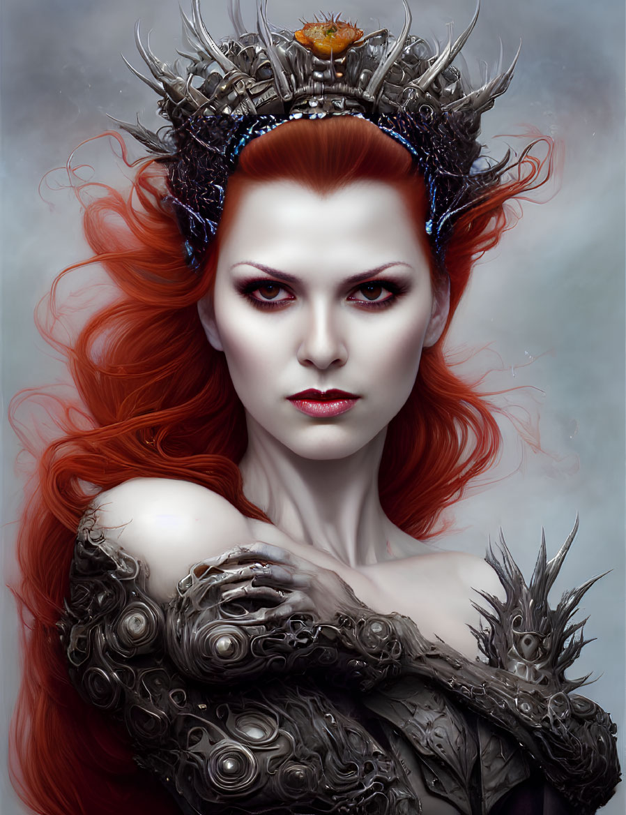 Digital artwork: Pale-skinned woman with fiery red hair, dark crown, and metallic shoulder armor