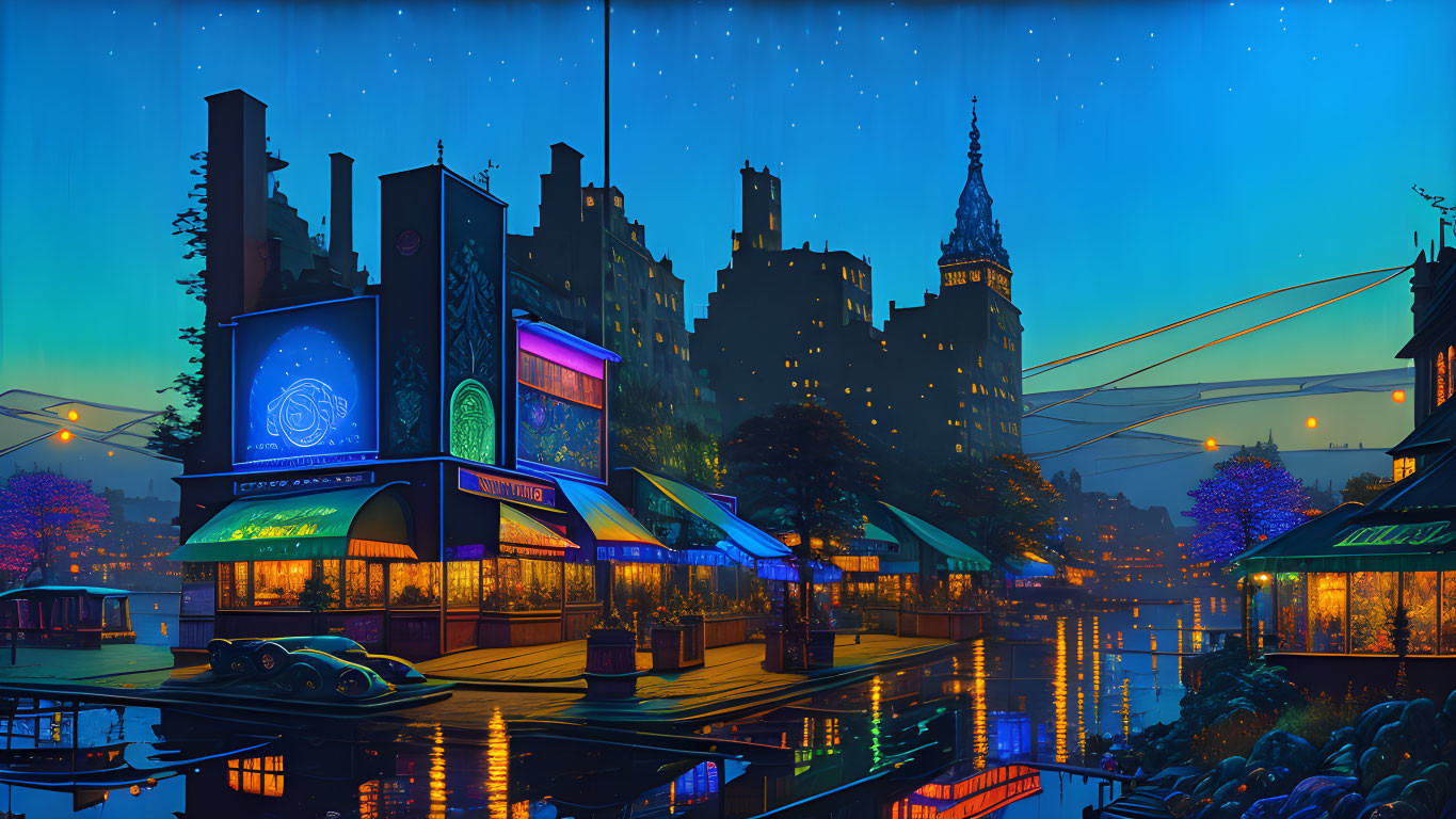Vibrant nocturnal cityscape with illuminated buildings and neon signs