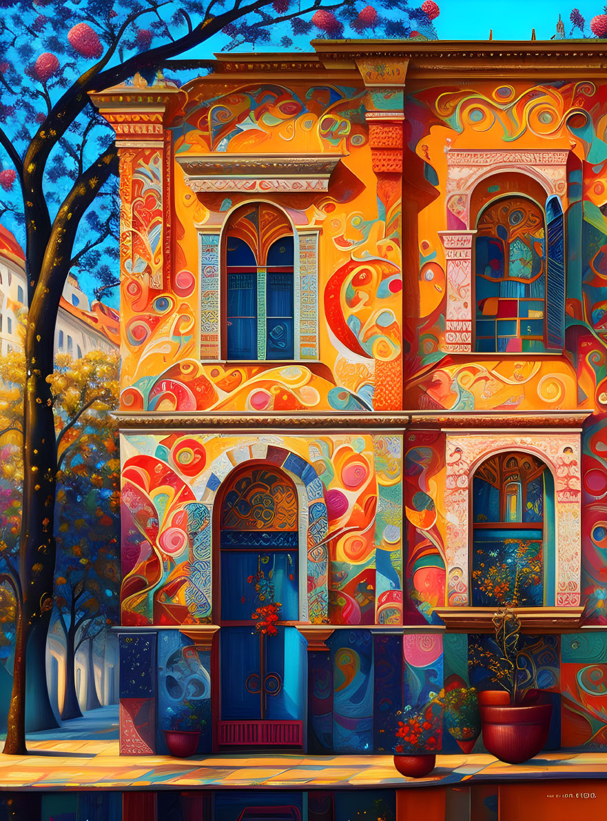 Colorful ornate building with blue door and autumn trees in whimsical art.