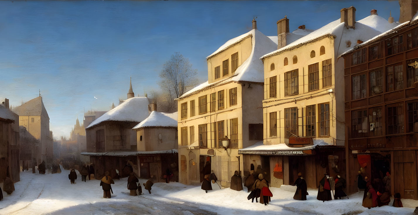 Snow-covered street with people and historic buildings in winter