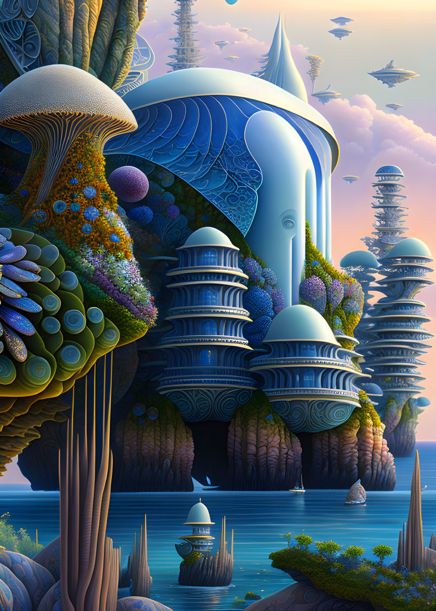 Fantastical landscape with towering organic structures and airships in the sky
