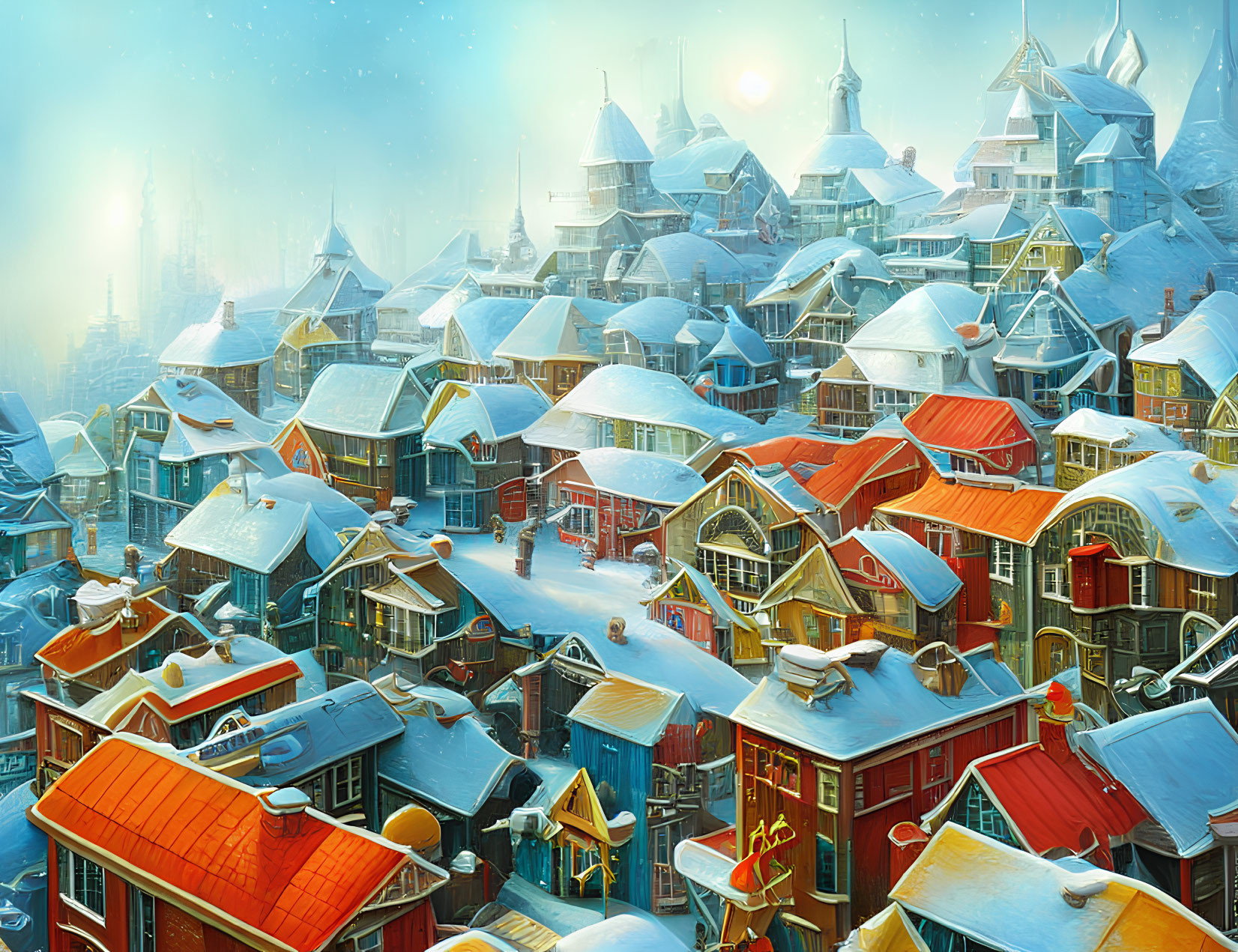 Winter village scene with colorful roofs and snowy landscape