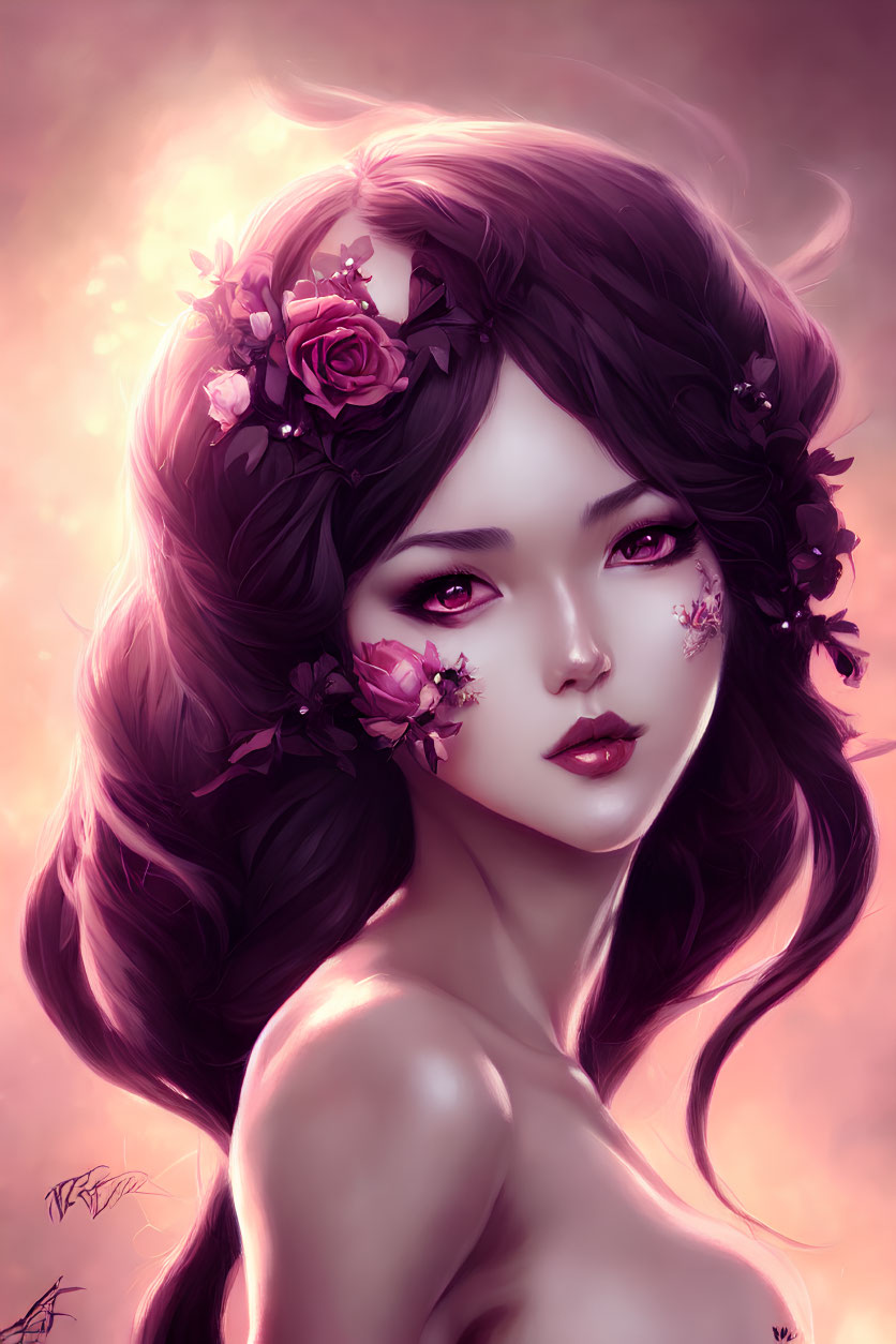 Digital portrait: Woman with dark hair, purple flower adornments, purple eyes, mystical ambiance