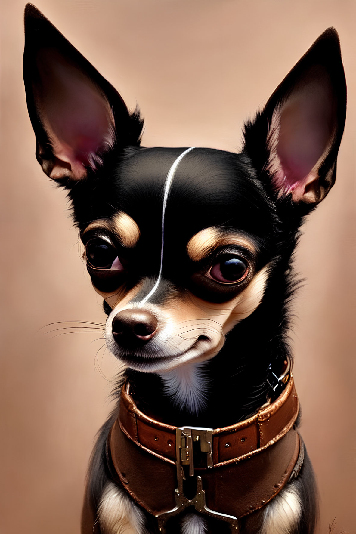 Stylized digital portrait of black Chihuahua with large ears in brown collar