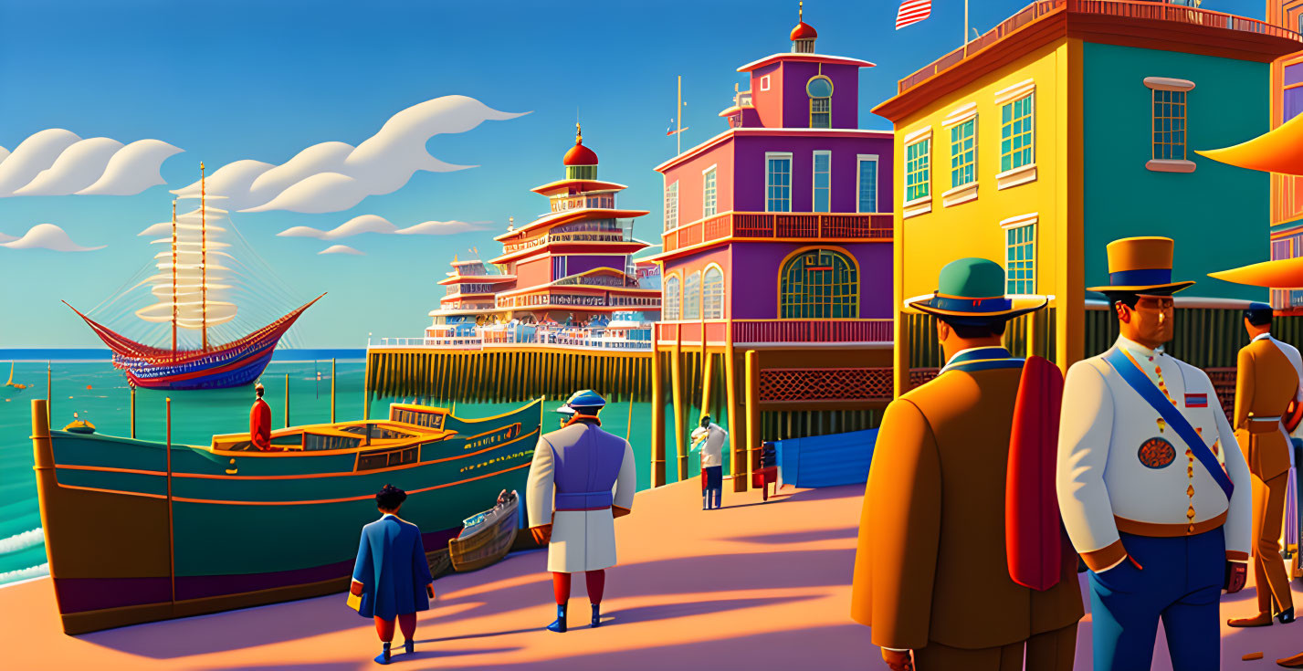 Historical coastal scene with people in 20th-century attire, buildings, and sailing ship