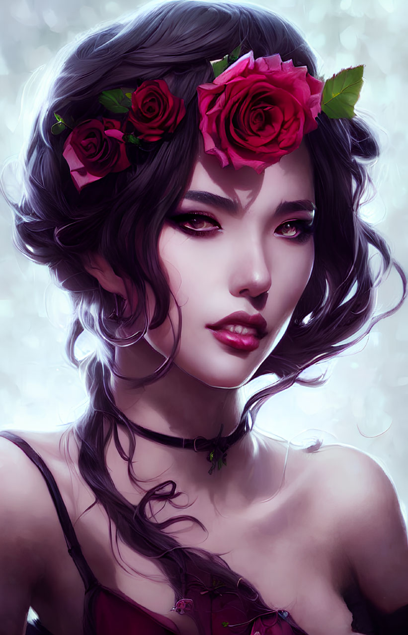 Digital artwork: Woman with wavy hair, pink roses, purple dress, choker, soft bo