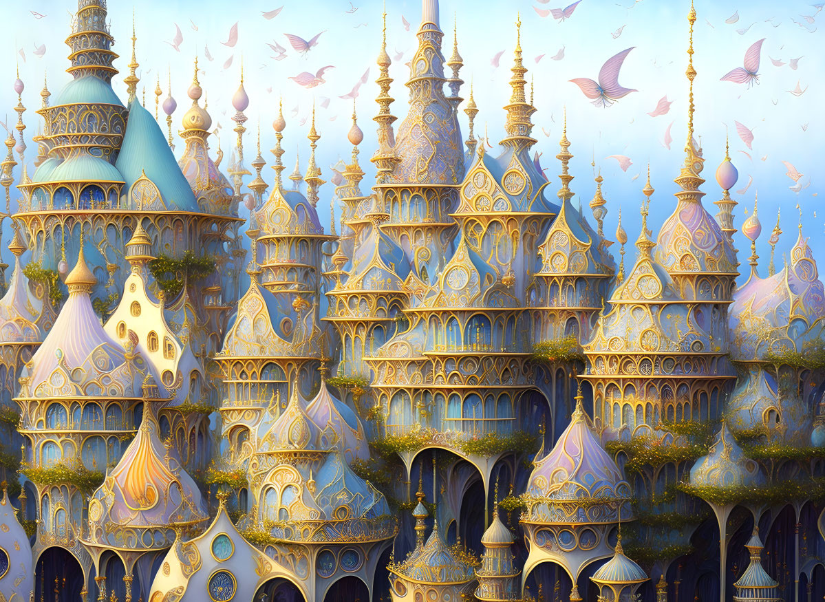 Intricate Fantasy Castle with Gold Towers and Flying Birds