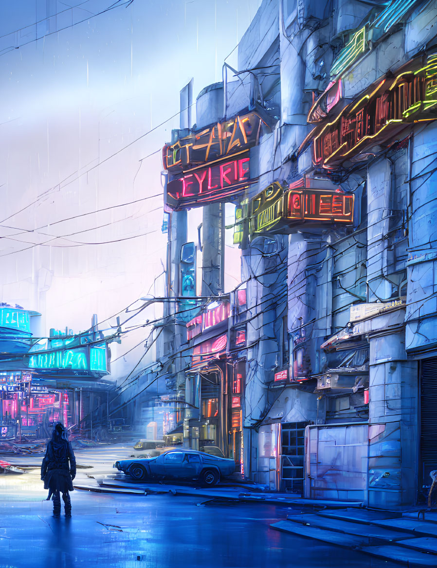 Futuristic city street scene with person in rain and neon lights