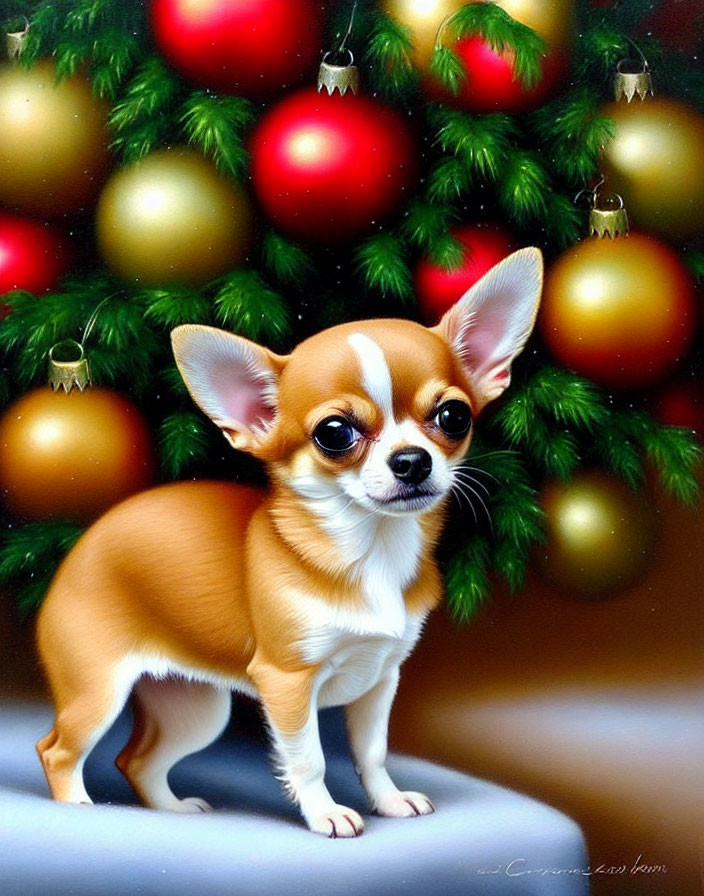 Small Chihuahua poses by festive Christmas tree with sparkling ornaments