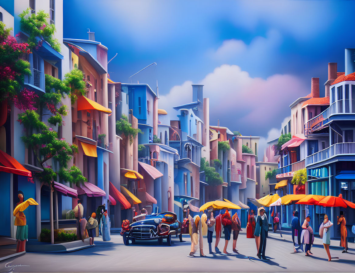 Colorful street scene with buildings, people, vintage car, and blue skies