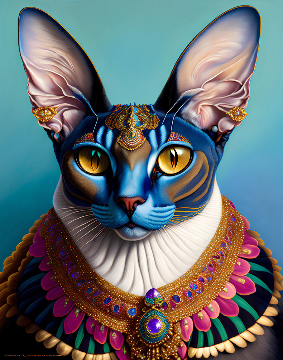 Regal cat with elaborate jewelry and ruffled collar on turquoise background