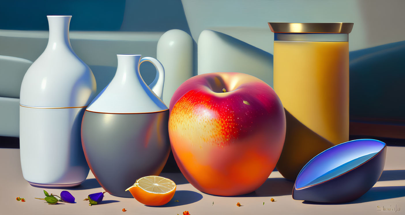 Still life with vases, apple, orange, and gemstone in light and shadow