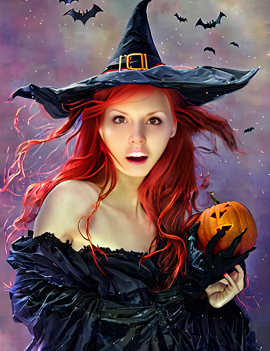 Red-haired person in witch costume with pumpkin, bats, purple backdrop