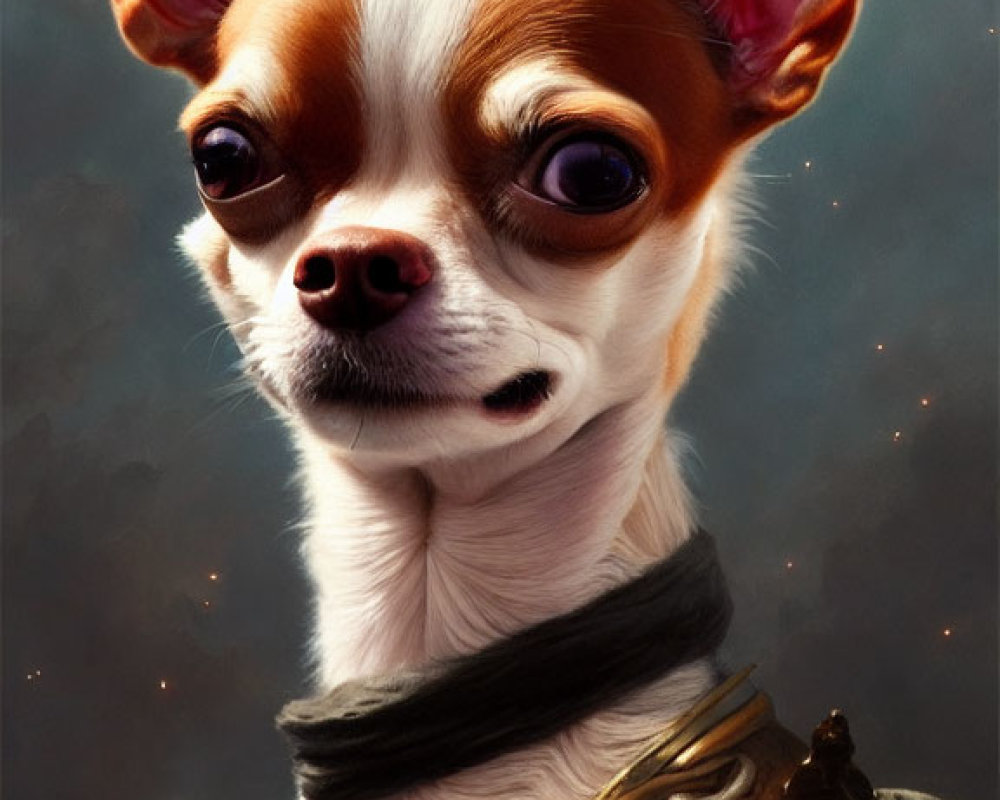 Chihuahua wearing black scarf and armor, staring ahead with expressive eyes on muted mountain backdrop