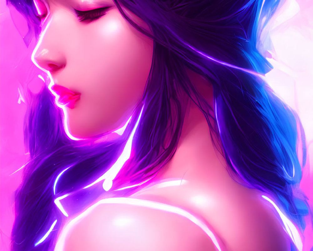 Vivid purple and pink digital artwork of a woman with a rose in her hair