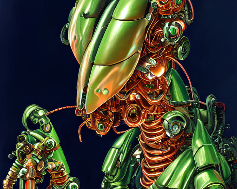 Detailed Green Mechanical Mantis Illustration with Gears on Dark Blue Background
