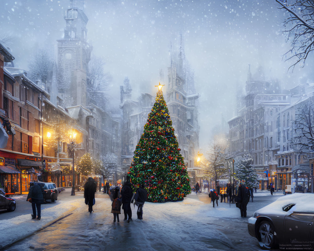 Snowy City Scene: Tall Christmas Tree, People, Old Buildings, Luxury Car