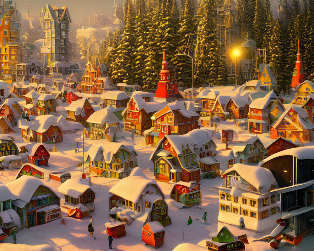Winter village sunset scene with colorful houses, snow-covered roofs, lighthouse, and snowy day activities.