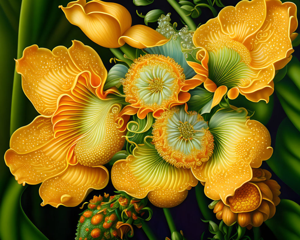 Colorful digital artwork: Yellow-orange flowers, green foliage, textures, water droplets on dark backdrop