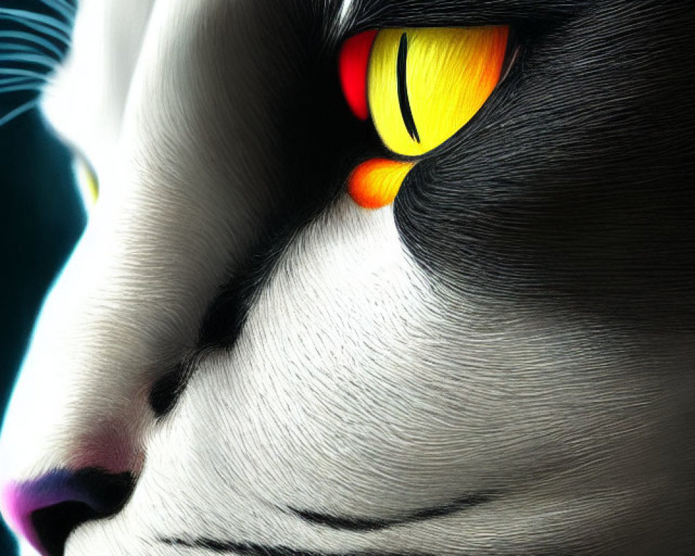Detailed Black and White Cat Digital Art with Yellow Eyes
