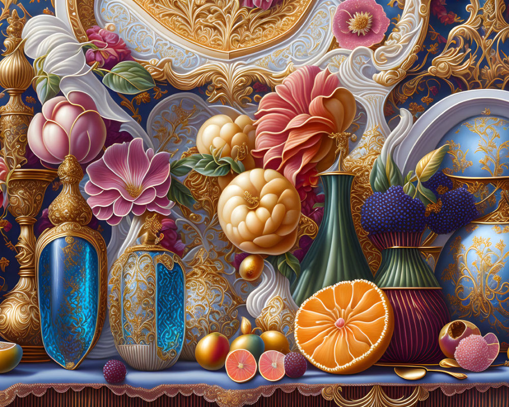 Ornate still-life with decorated vases, bowls, and fruit against baroque backdrop