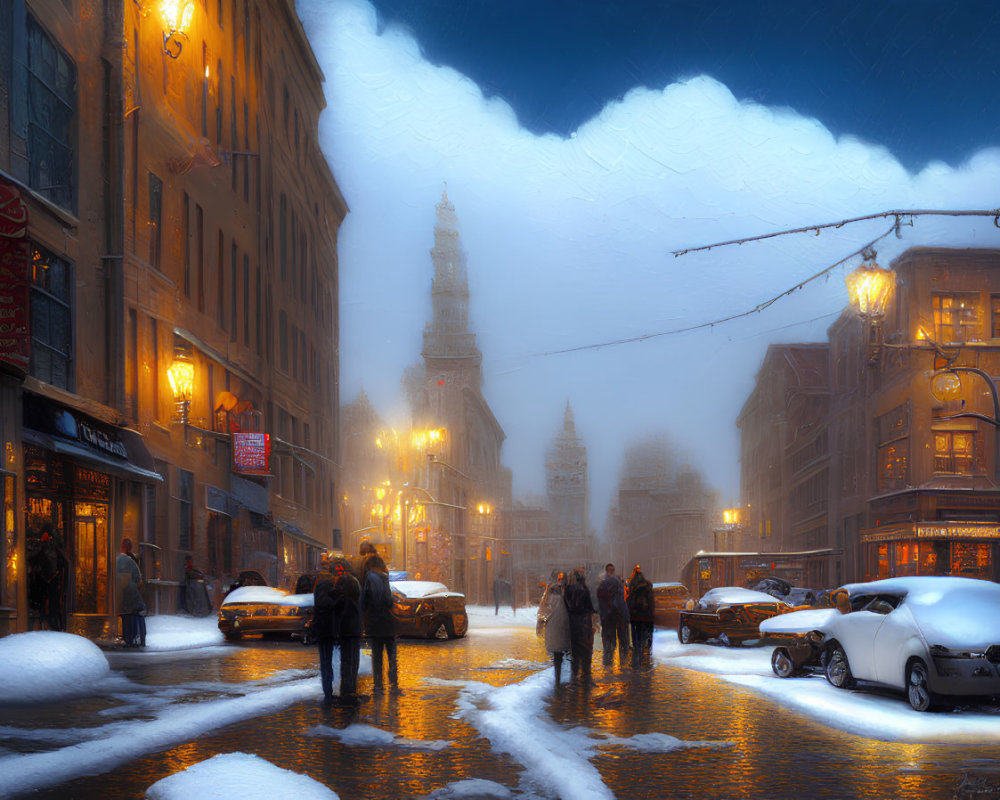 Snowy city street at twilight with pedestrians, parked cars, streetlights, and tower.