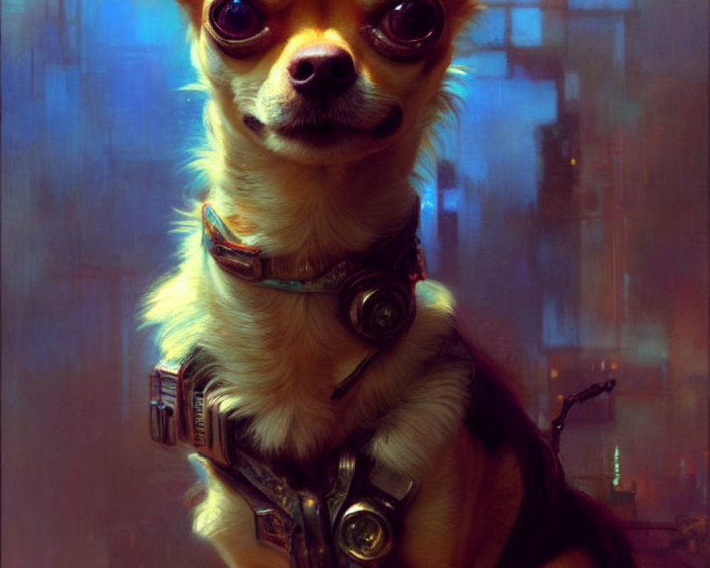 Small Chihuahua in futuristic harness against cyberpunk cityscape