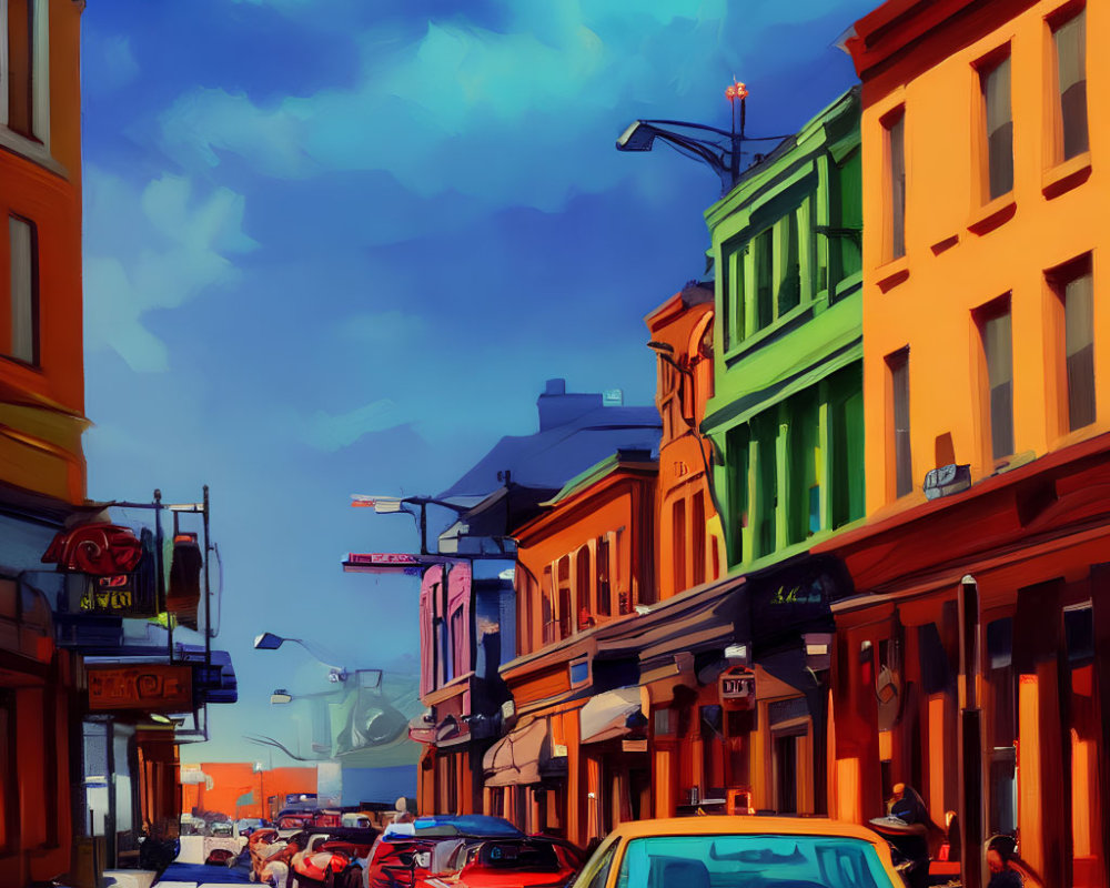 Colorful Street Scene with Painted Buildings and Blue Sky