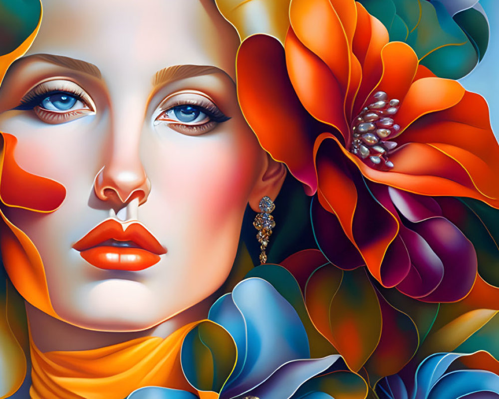 Colorful Stylized Portrait of Woman with Blue Eyes and Vibrant Flowers