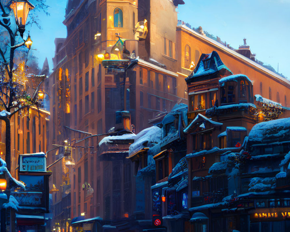 Snow-covered buildings and glowing streetlights in busy winter street scene