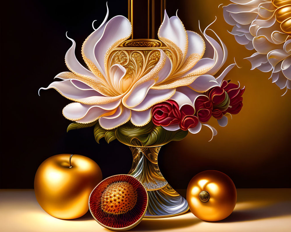 Hyper-realistic white flower in vase surrounded by vibrant roses, passion fruit, apple, and golden sphere