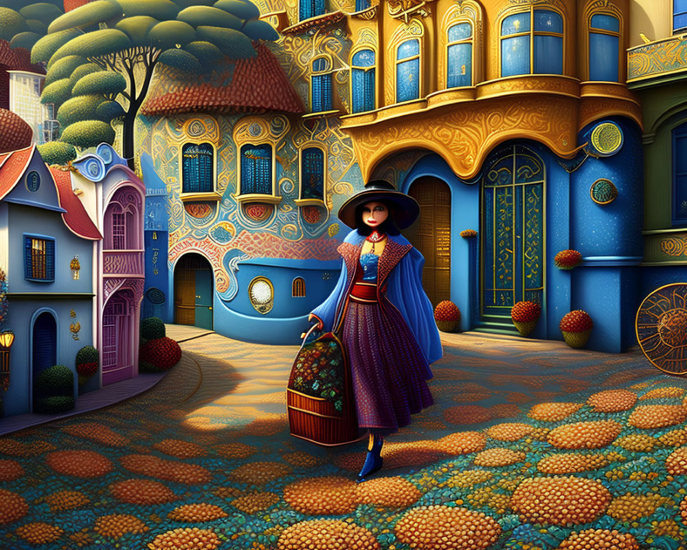 Illustration of woman in wide-brimmed hat and dress on cobblestone path with colorful buildings